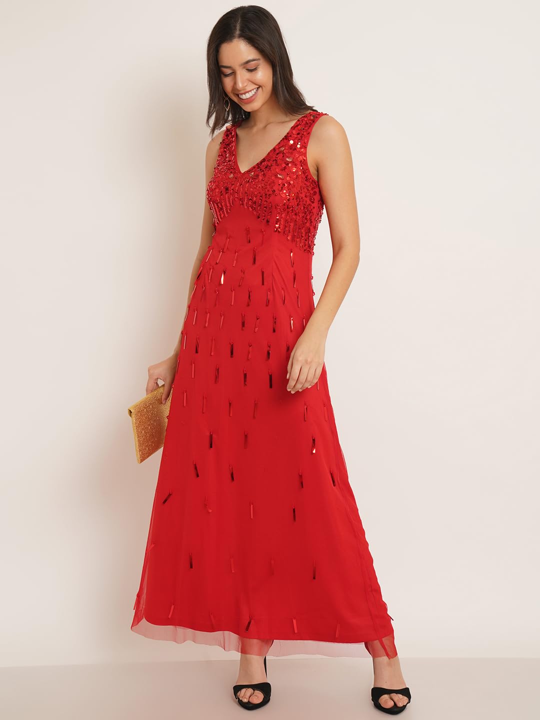 9 Impression Women Embellished V-Neck Maxi Gown (Red; S)