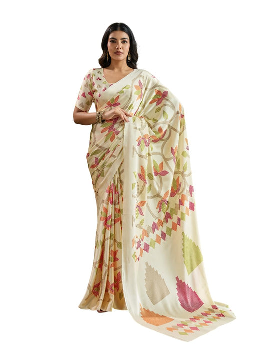 BRAHMAKHODAL Modal Silk Ajrakh Saree Traditional Ikkat Nakshi Digital Printed Designer Pallu Attach Blouse Piece (White2)