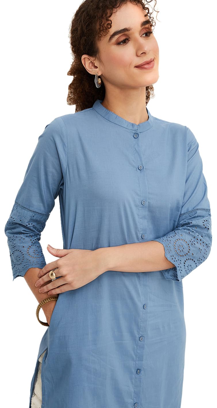 Max Women Cotton Blend Straight Fit Straight Kurta (Wwdr31006Blue_Blue, Small)