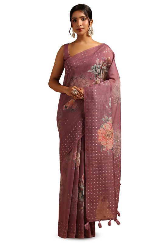 Soch Womens Lavender Linen Floral Saree With Zari Woven