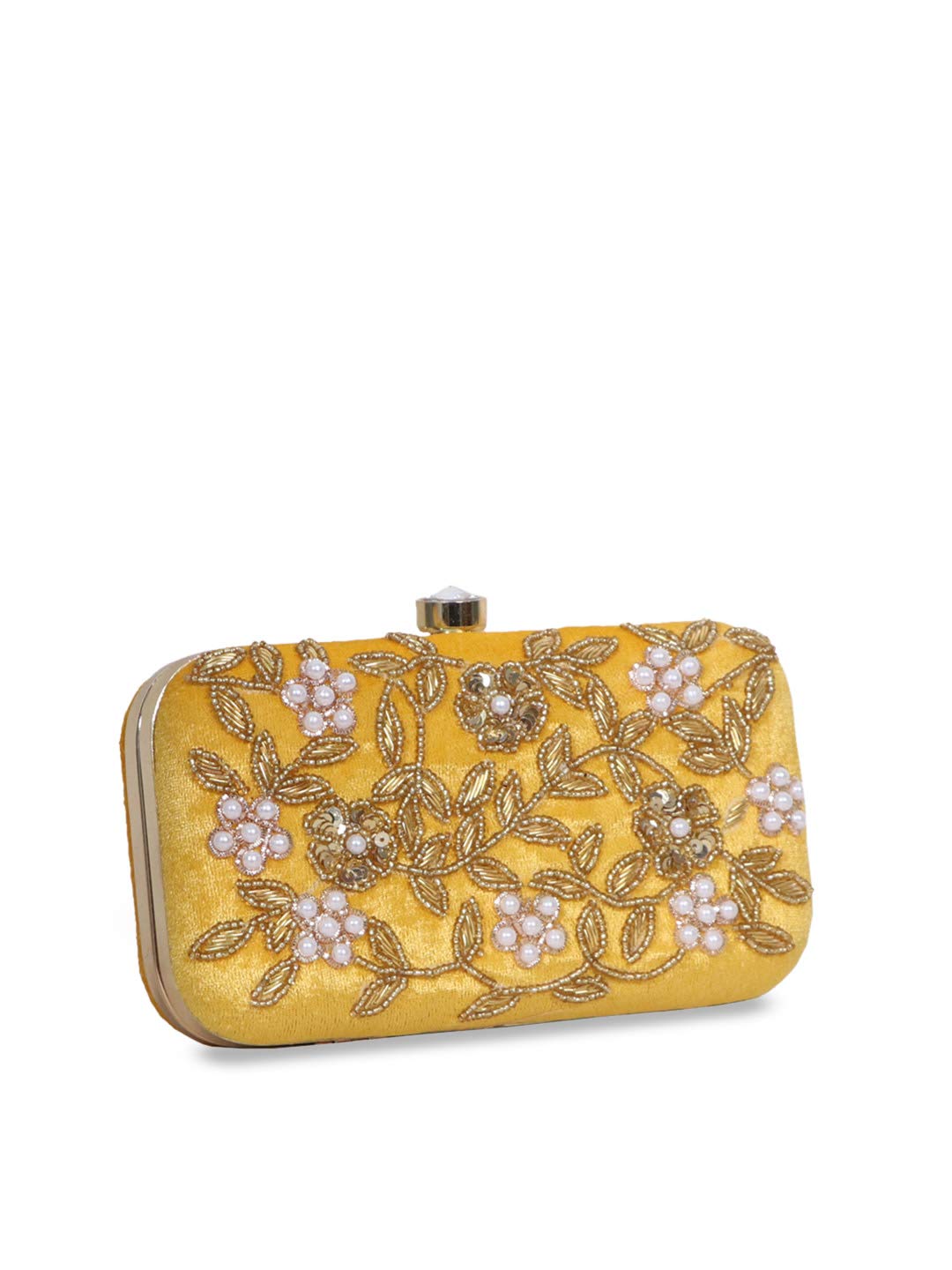 DUCHESS Women's Velvet Zari Zirkon Box Clutch Purse (Yellow)