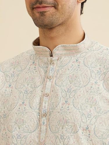Manyavar Men's Cotton Blend Paisley Embroidery Short Kurta (Pista Green,L)