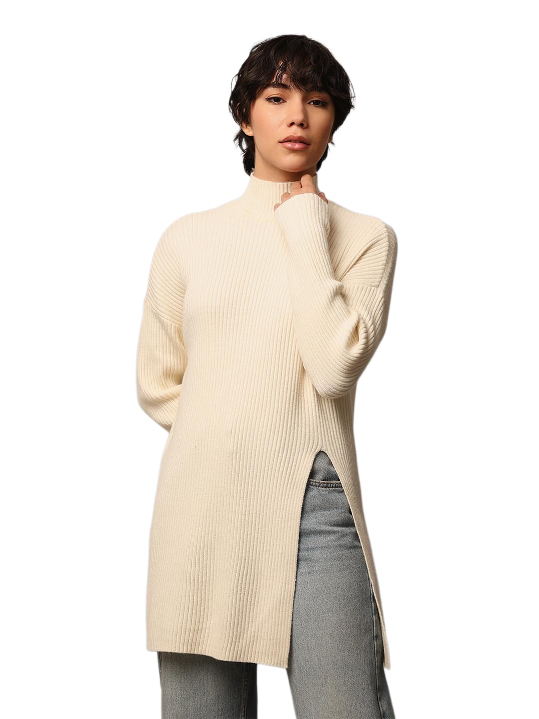 ONLY Women's Rayon Blend High Neck Pullover Sweater (15311810-Whitecap Gray_Whitecap