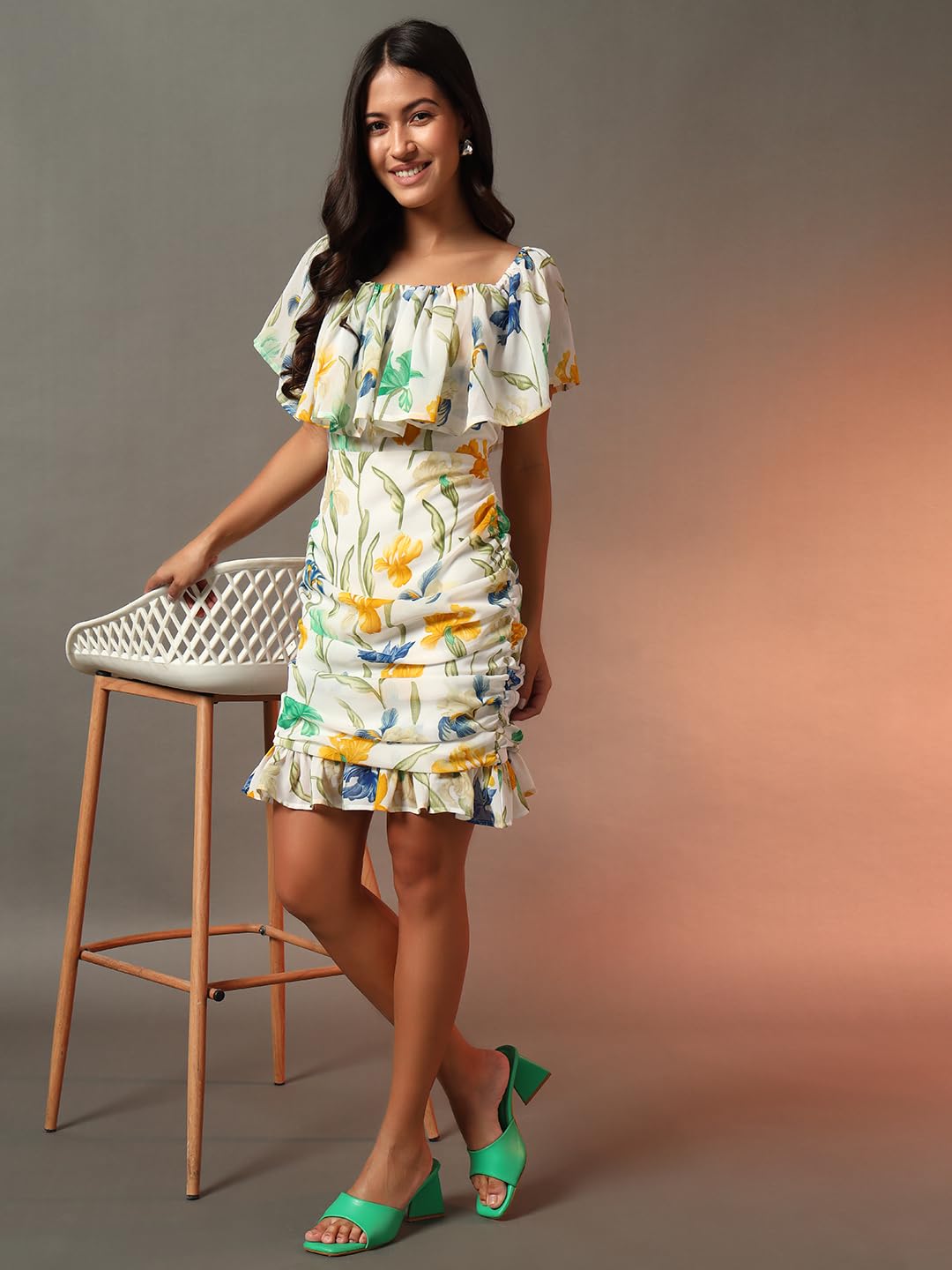 Trend Arrest.ed Women's Floral Ruched Mini Dress | Off-Shoulder Ruffle Neckline | Fully Lined Short Dress | Casual Summer Brunch & Vacation Wear (D5271_Cream 2_L)