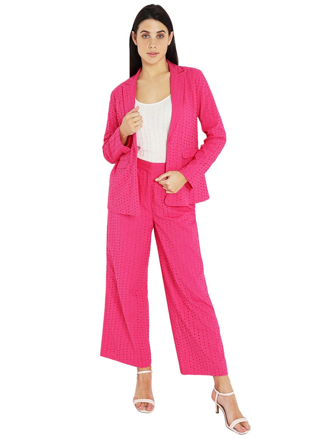 VERO MODA Women Self Design Pink Cotton Regular Fit Single Breasted Blazer