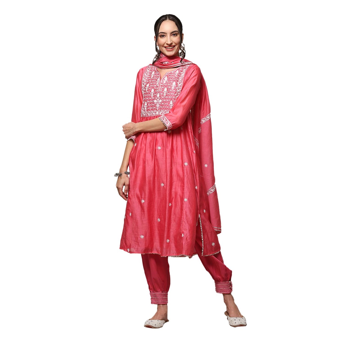 BIBA WOMEN EMBROIDERY RELAXED SALWAR KURTA DUPATTA(SKDGULNAAZ8670_BRIGHT PINK_34)