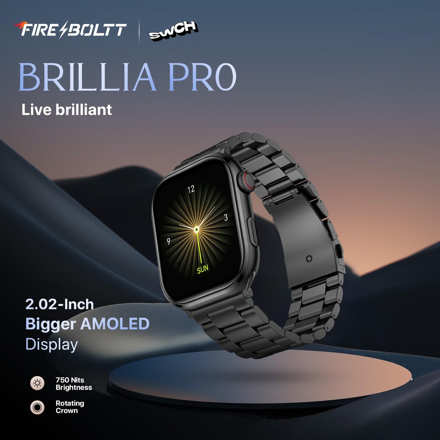 Fire-Boltt Brillia Pro Smart Watch with 51.3mm (2.02 inch) AMOLED Display, Bluetooth Calling, SpO2, Heart Rate Monitoring, 120+ Sports Modes, IP67 Waterproof, Long Battery Life (Black Chain)