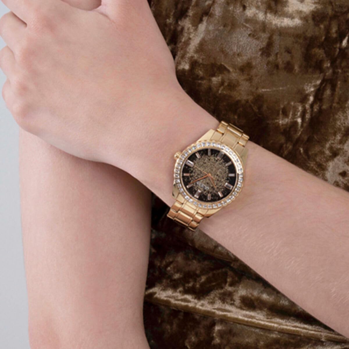 GUESS Stainless Steel Glitter Burst Collection Analog Black Dial Women Watch-Gw0405L2, Gold Band