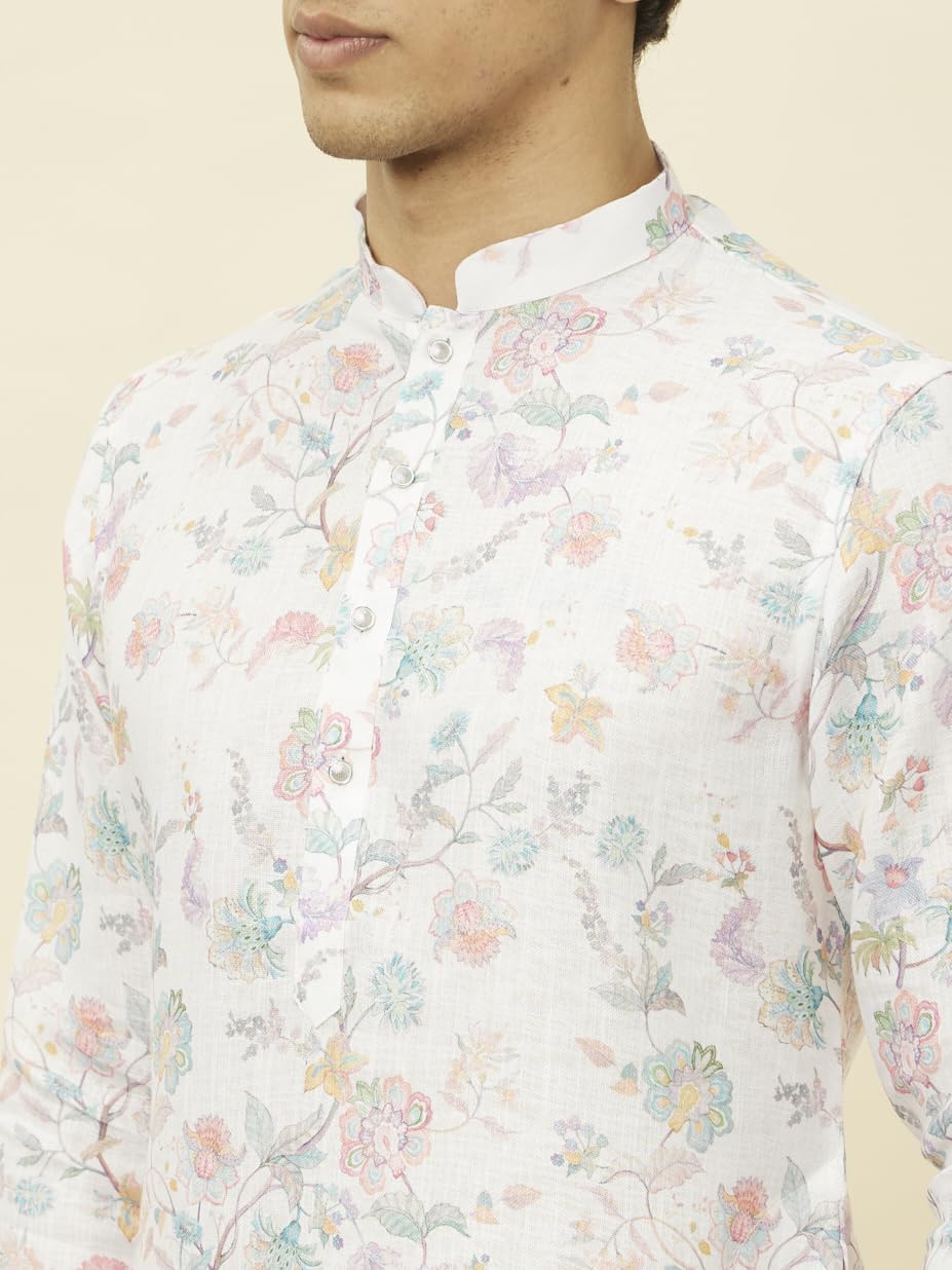 Manyavar Men's Delicate White Bel Buti Printed Kurta (L)