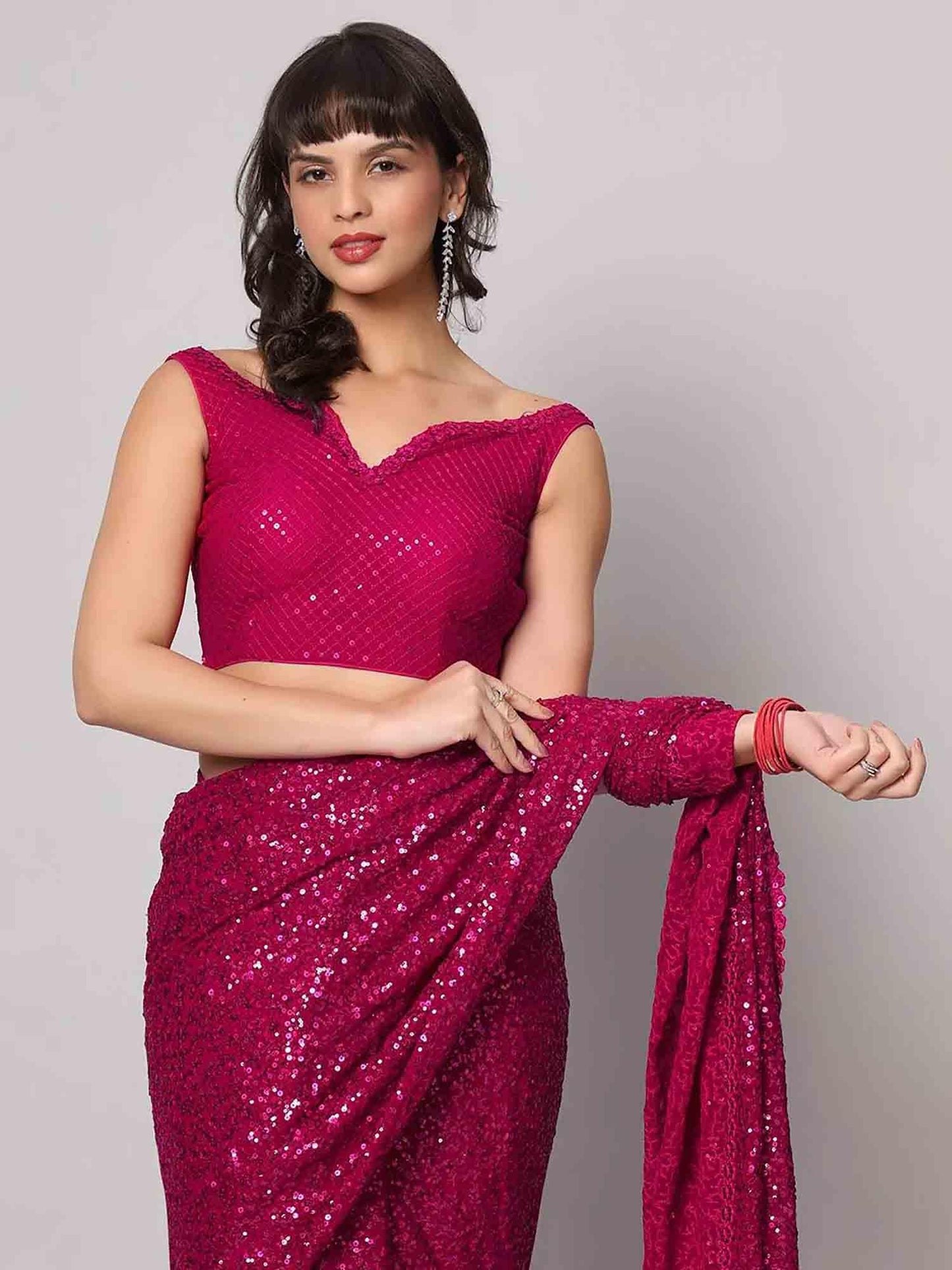 Zeel Clothing Women's Pink Sequins Work Heavy Georgette Saree with Blouse (1003-Hot-Pink-Sequins-Party-Saree-New, Hot Pink)