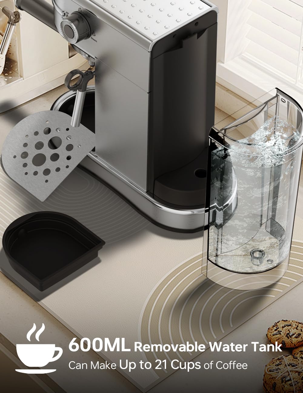 UN1QUE Espresso Machine, 20-Bar Coffee Maker Adjustable Pressure, 1450W Stainless Steel Coffee Machines with Milk Frother, Cappuccino & Latte Maker for Home and Office