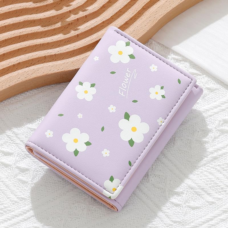 INOVERA (LABEL) Flower Wallets for Women, Girls - Stylish Faux Leather Trifold Cash, Cards Holder Wallet - Small Hand Purse (Purple)