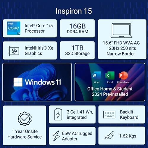 Dell Inspiron 3530, Intel Core i5 13th Gen-1334U,16GB RAM, 1TB SSD, FHD 15.6"/39.62 cm, Win11+MSO'24 (Office 365*) Silver, 1.62kg, Backlit Keyboard,120Hz 250 nits Display /15 Month McAfee,Thin & Light
