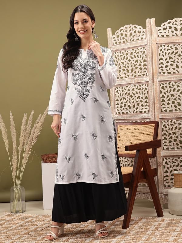 Ada Hand Embroidered Lucknow Chikankari White Cotton Kurta Kurti for Women A411557 (M)