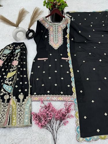 Brulry Women's Black Color Chinon Silk Round Neck Knee Length straight Kurta With Sarara With Dupatta
