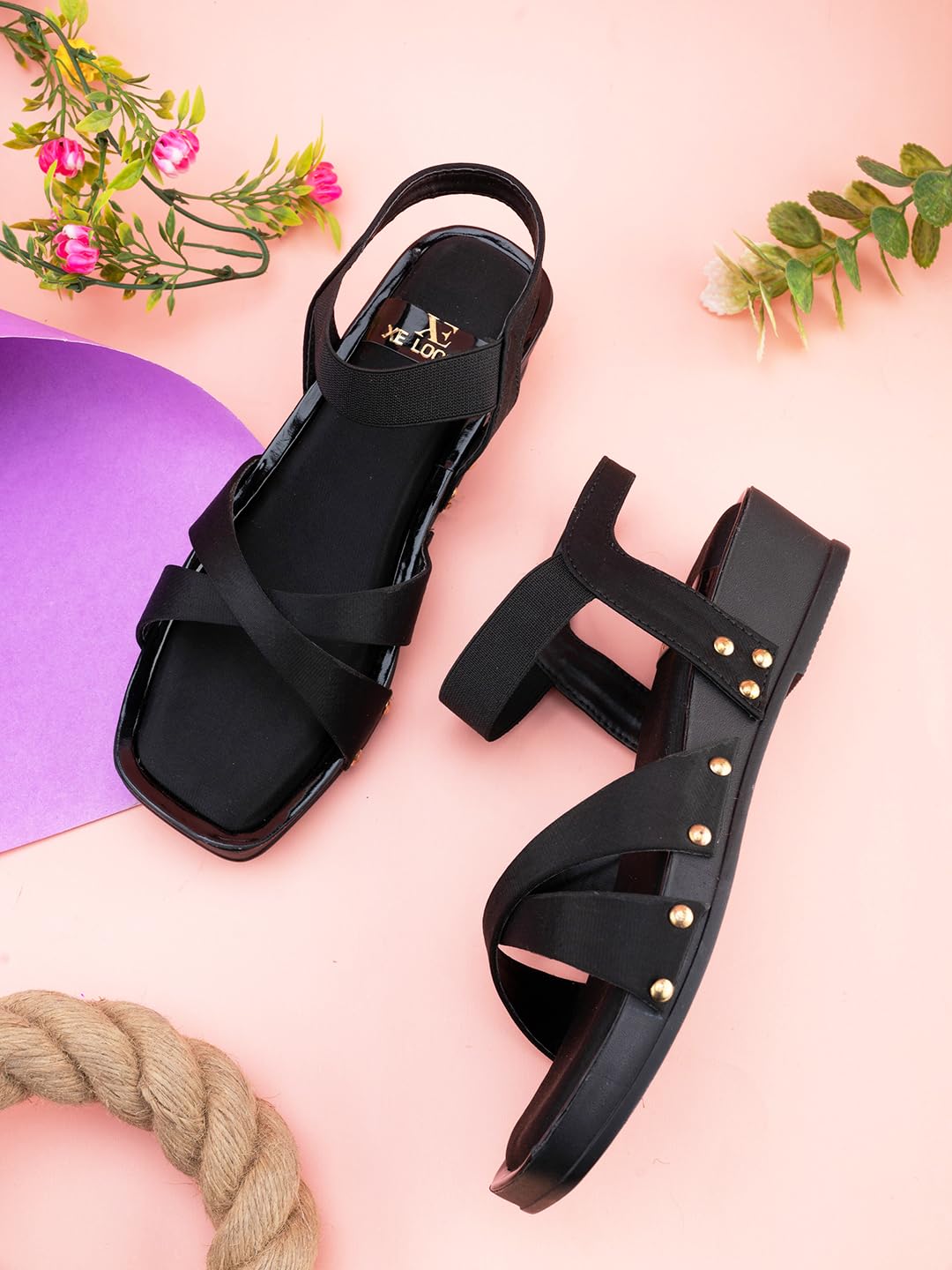 XE Looks Women's Black Wedges Sandals | Cross Strap Design with Gold Stud Detailing | Comfortable, Attractive & Fancy Ankle Strap-Wedges Cushioned Footbed | Trendy Wedges Sandals For Girls & Women
