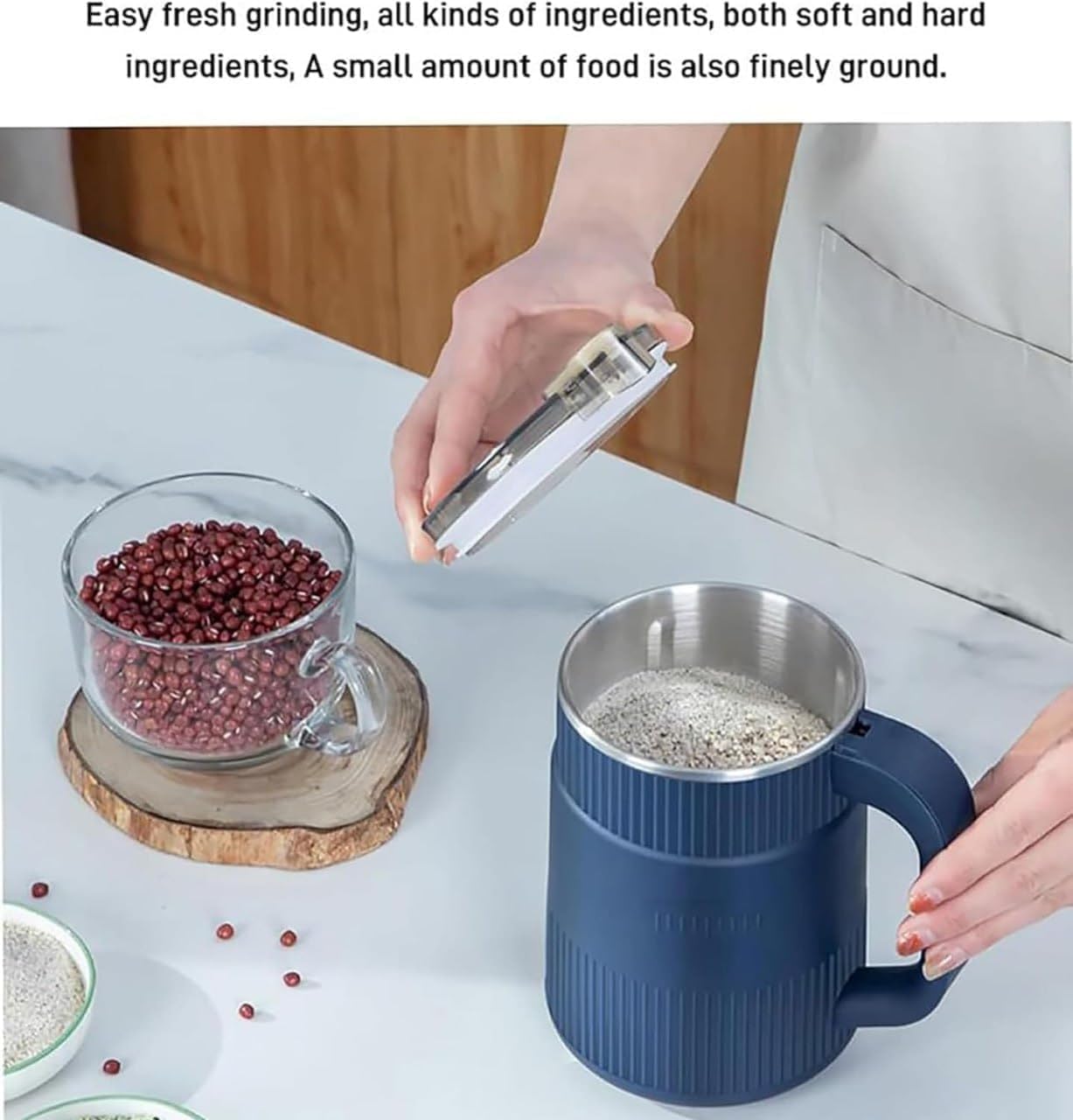 Portable Electric Grinder for Spices, Coffee, Herbs, and Grains – Stainless Steel Mini Mixer Grinder Machine for Kitchen, Home – Small Size Masala Mixer with Powerful Motor (1, Blue Handle Coffee, M)