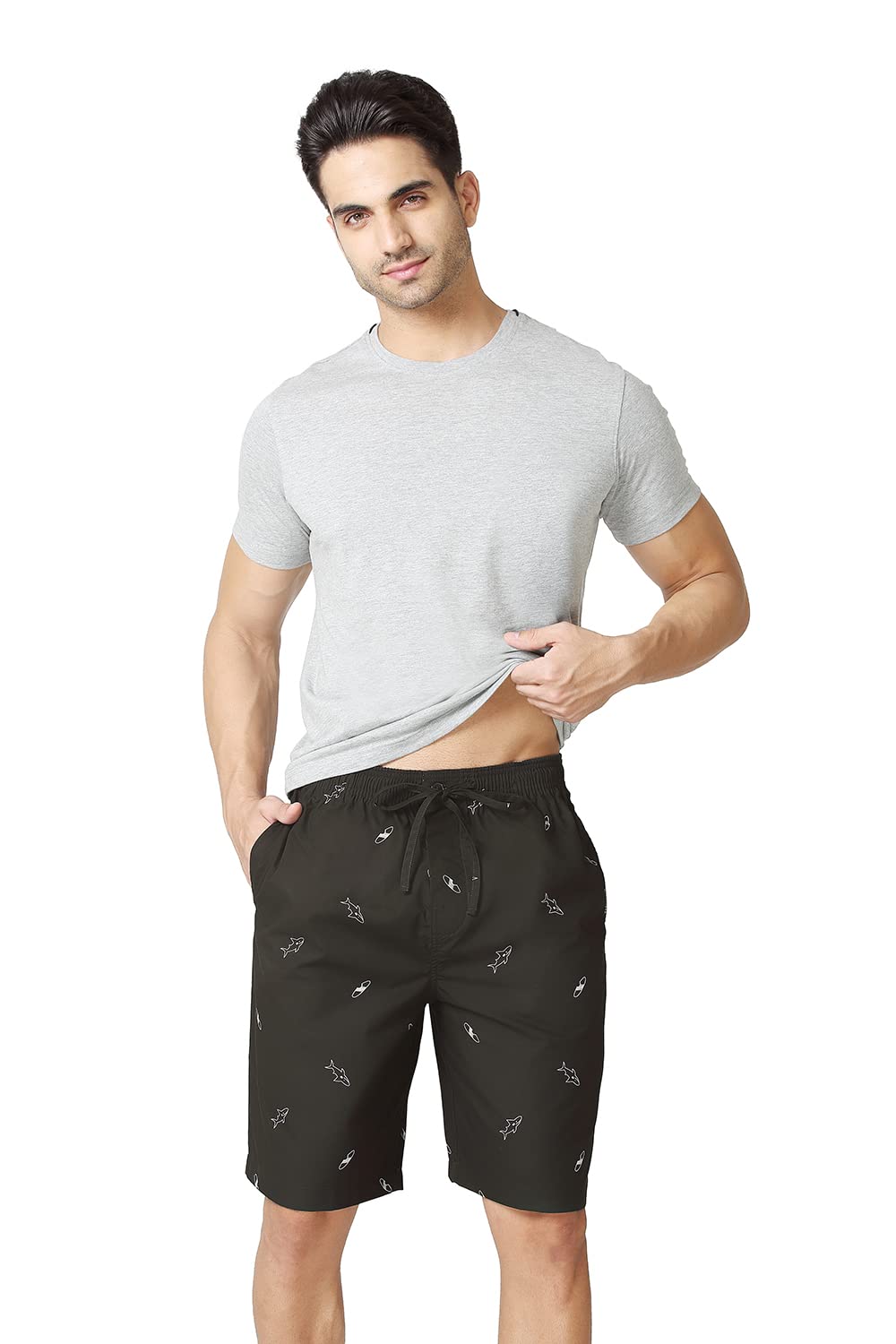 Van Heusen Men's Athleisure Soft Suede Touch Lounge Shorts - 100% Combed Cotton - Allover Print, Functional Pocket_50061_ASP-17_Medium,Black