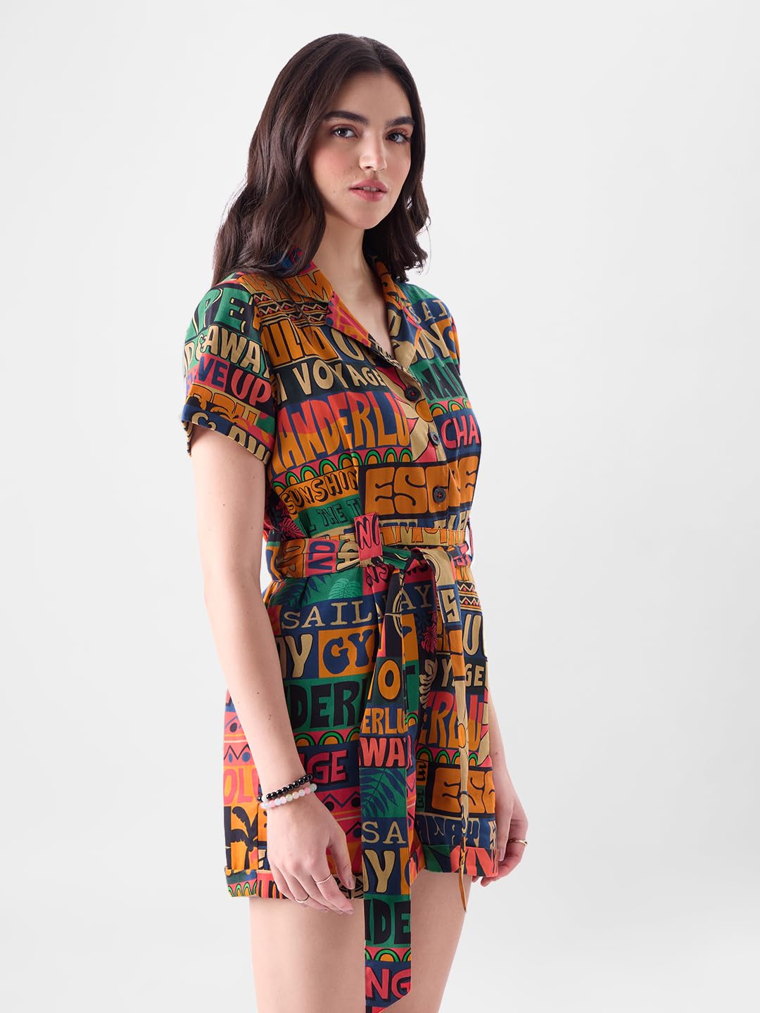 The Souled Store Traveller Women and Girls Short Sleeves Collared Neck Button Front Multicolor All Over Printed Cotton Mini Playsuits