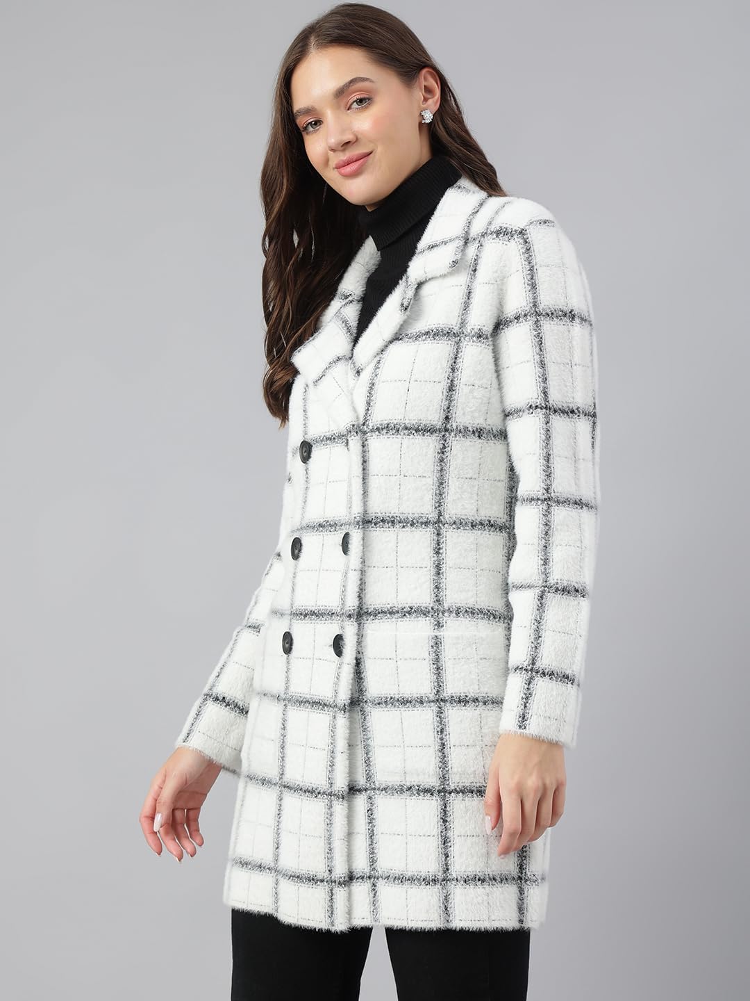Latin Quarters Women Ivory Full Sleeve Casual Checked Coat_M