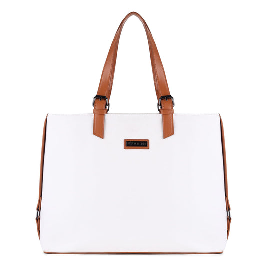 VISMIINTREND Vegan Leather Tote Shoulder Bags for Women Office Use, Fits Upto 15.6 Inch Macbook Laptops, Work/Travel/College Bag, Stylish Ladies Totes Purse Handbag, Gifts for Wife/Sisters (White)