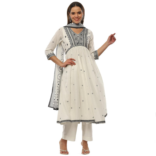BIBA Women EMBROIDERY GATHERED SALWAR KURTA DUPATTA(SKDBLACK & WHITE9429_OFF WHITE_42)
