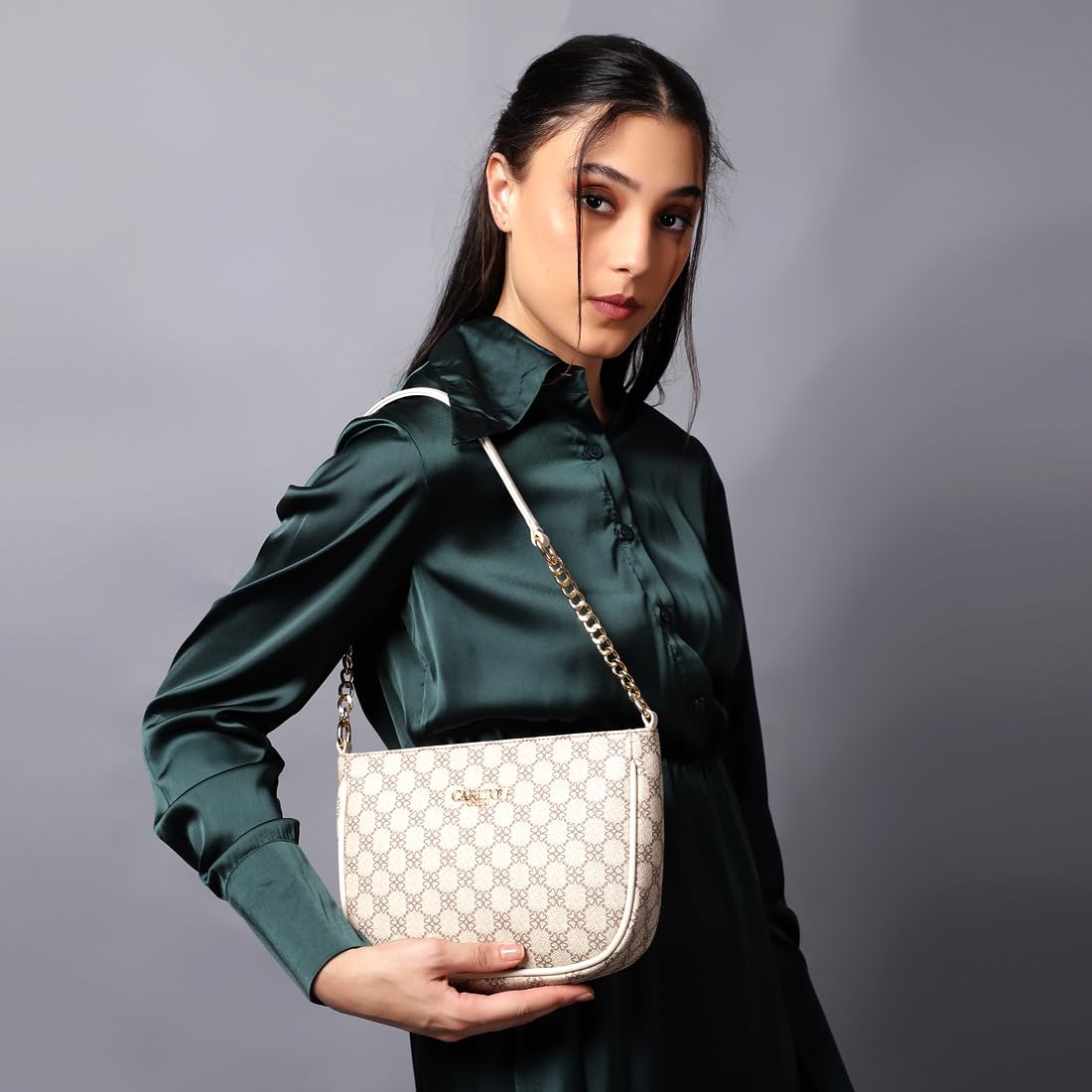 Carlton London Women's Beige Signature Crossbody Bag with Gold Chain Strap
