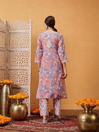 Ada Hand Embroidered Lucknowi Chikankari Printed Cotton Kurta with Pant Co-Ord Set for Women A811313 Light Purple & Peach (2XL)