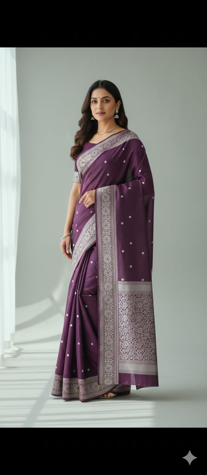 Women's Glory Kanjivaram Soft Lichi Silk Saree With Embroidered Design and Zari Work For Wedding Banarasi Style Sari With Jacquard Woven Unstiched Blouse Piece for Wedding sadi (Wine bindi silver)