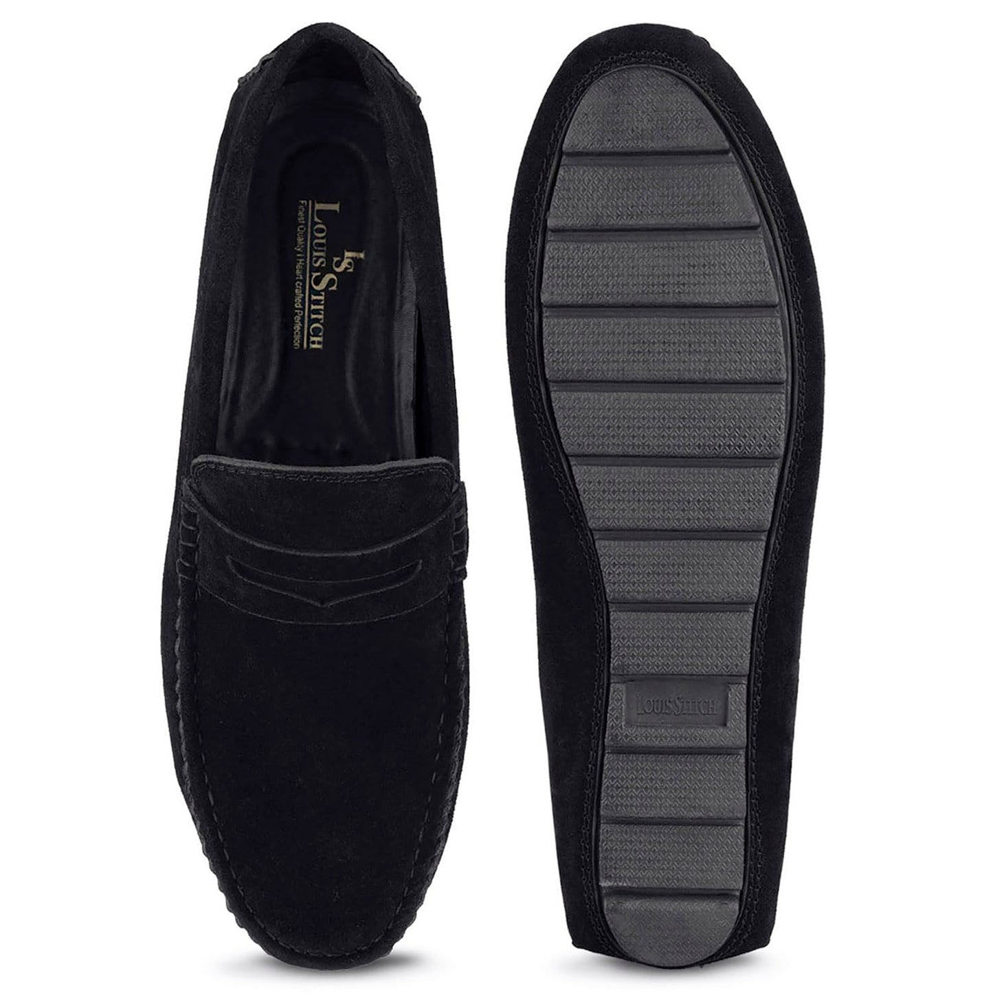 LOUIS STITCH Men's Obsidian Black Demesure Unerobe Italian Suede Leather Shoes Moccasin Style Handmade Loafers for Men (ITSU) (Size-9 UK)