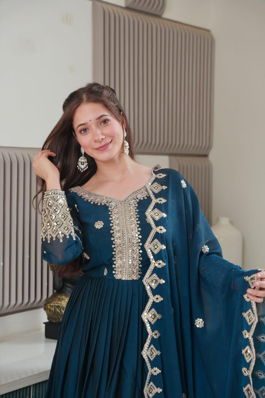 Women's Solid Embroidery Work Crush Silk Gown with Dupatta Long Sleeves and Round Neck Most Beautiful Havy Gown for Party | Wedding | Diwali |Any Occasion (in, Alpha, M, Regular, Women, Rama)