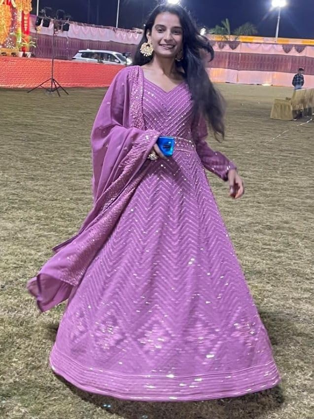 Omkar Textile's Women Light Purple Georgette Anarkali Gown With Dupatta Set (Ready To Wear) For Wedding, Evening,Party, Brthday Etc. (Xx-Large)