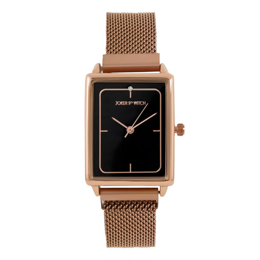 Joker & Witch Quad Black Rectangle Dial Rosegold Mesh Strap Analog Women's Watch