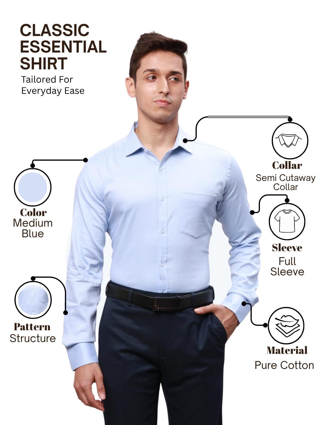 Park Avenue Men Slim Fit Structure Pattern Pure Cotton Semi Cutaway Collar | Full Sleeve Formal Shirt | Medium Blue