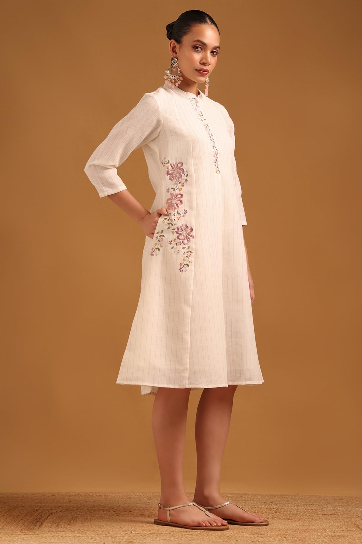 Soch Womens Off White Cotton Blend Floral Dress with Thread Work