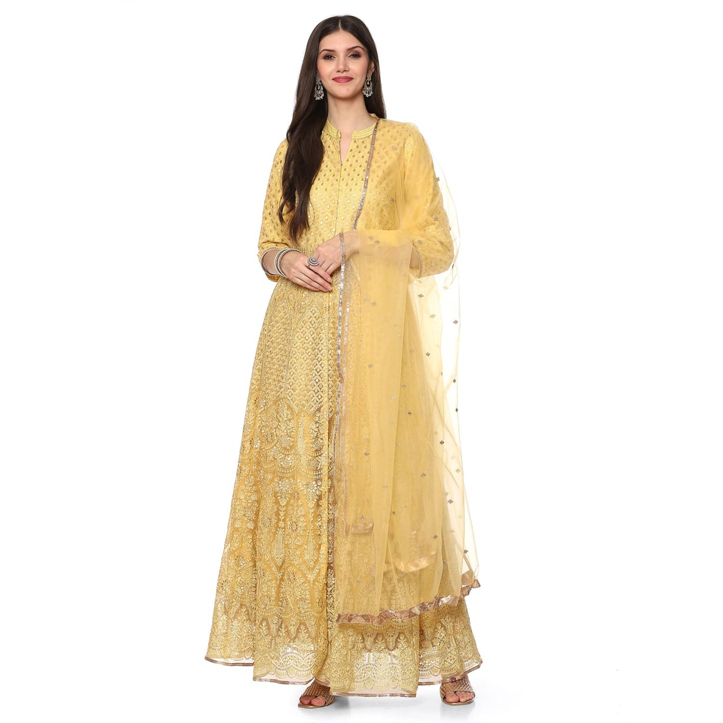 BIBA WOMEN EMBROIDERY FLARED SALWAR KURTA DUPATTA(SKD6463_YELLOW_36)