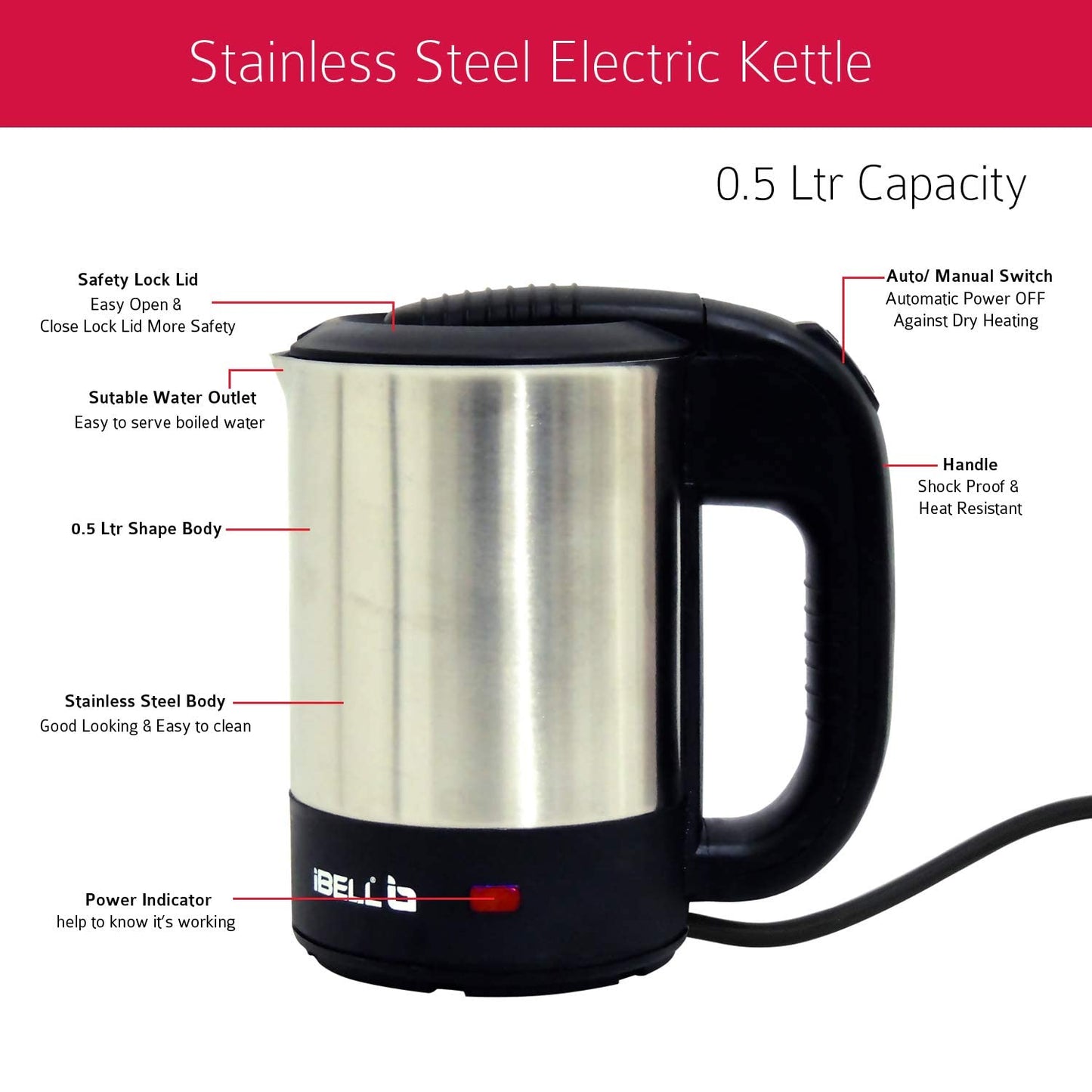 iBELL SEK105 Electric Kettle With Removable Lid, 0.5 Ltrs, 950W Highly Polished Stainless Steel (Silver)
