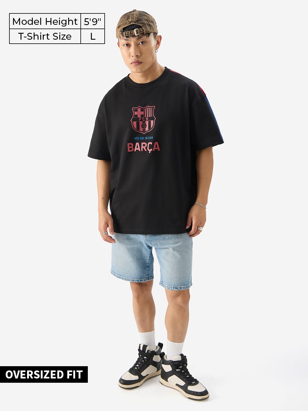 The Souled Store Official FCB: Camp NOU Black Graphic Printed Oversized Cotton T-Shirt for Men & Boys- Short Sleeve Round Neck