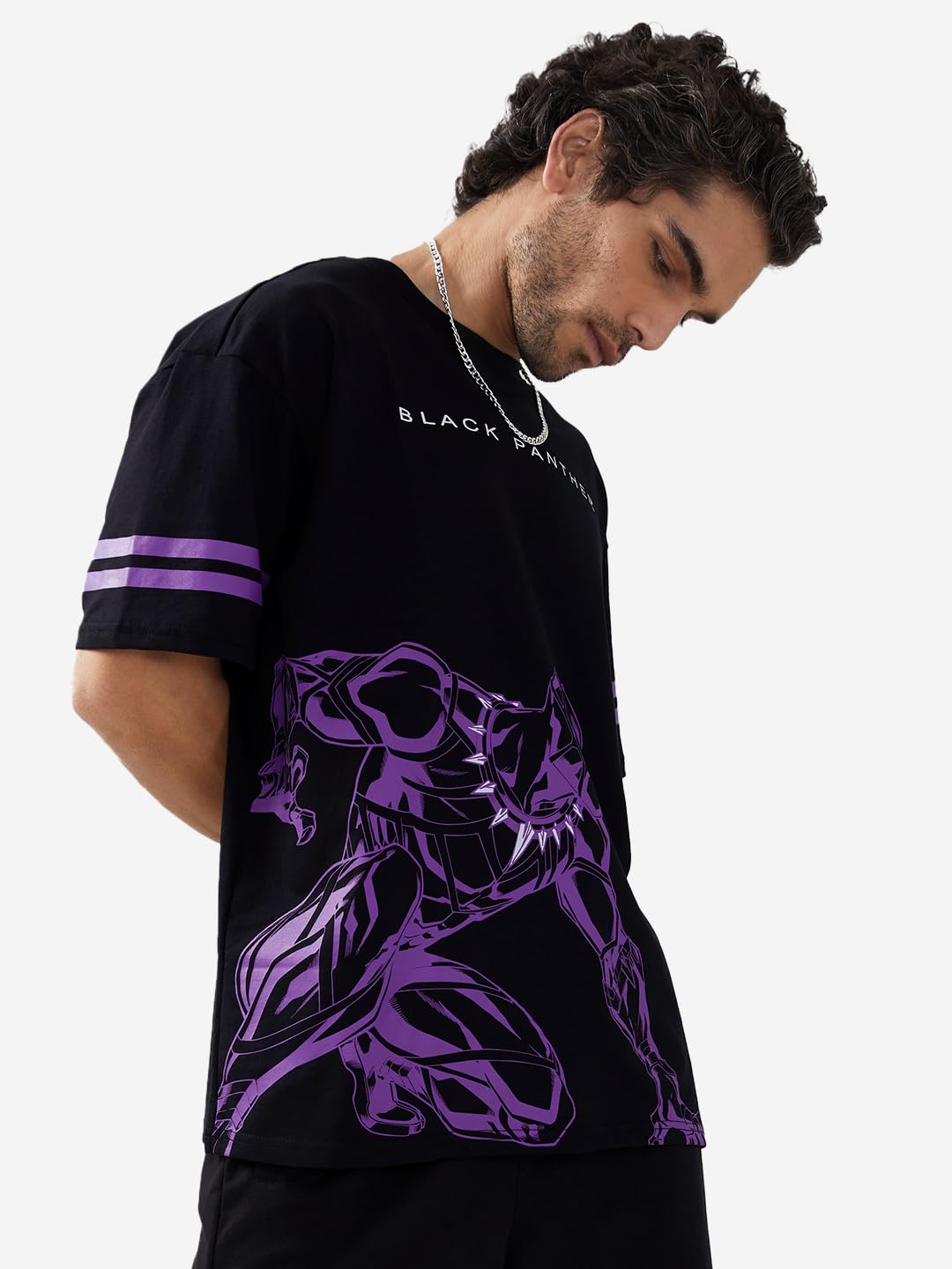 The Souled Store Official Black Panther Panther Power Black Oversized T Shirts for Men Baggy Off-Shoulder Loose Fit Relaxed Drop Shoulder Half Sleeve Round Neck Back Printed