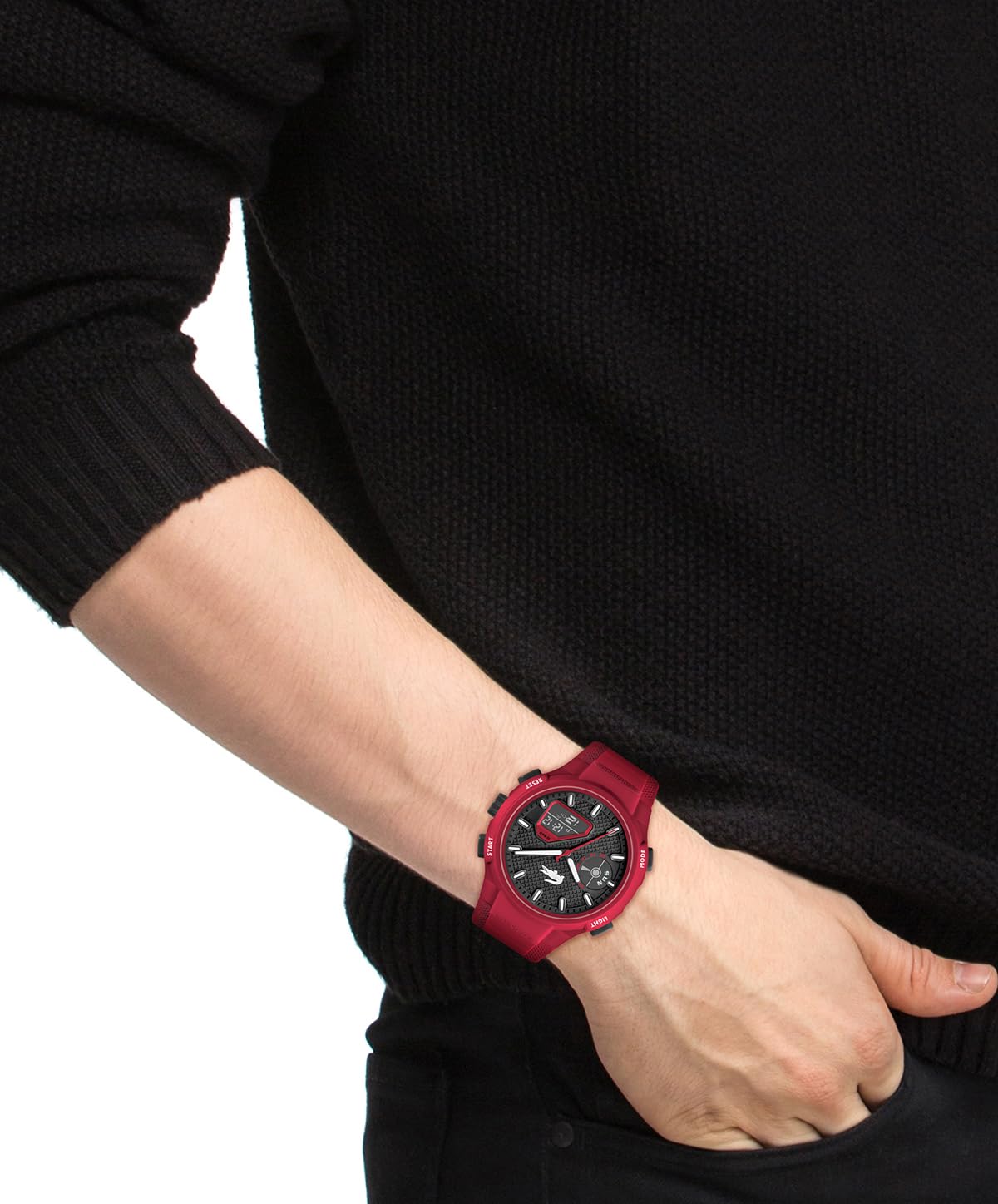 Lacoste Lc33 Qtz Basic Black Round Dial Men's Watch|Red Silicone Material|Red Color Band - 2011368