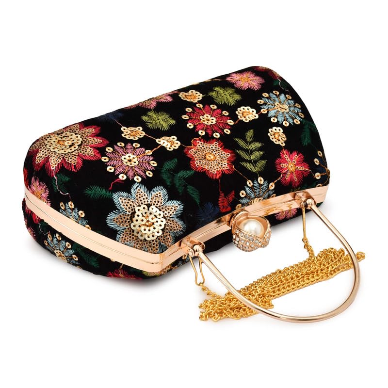 For The Beautiful You Women's Embroidered Velvet Clutch Purse with Pearl Clasp and Detachable Chain – Elegant Evening Handbag for Wedding, Party (Black)