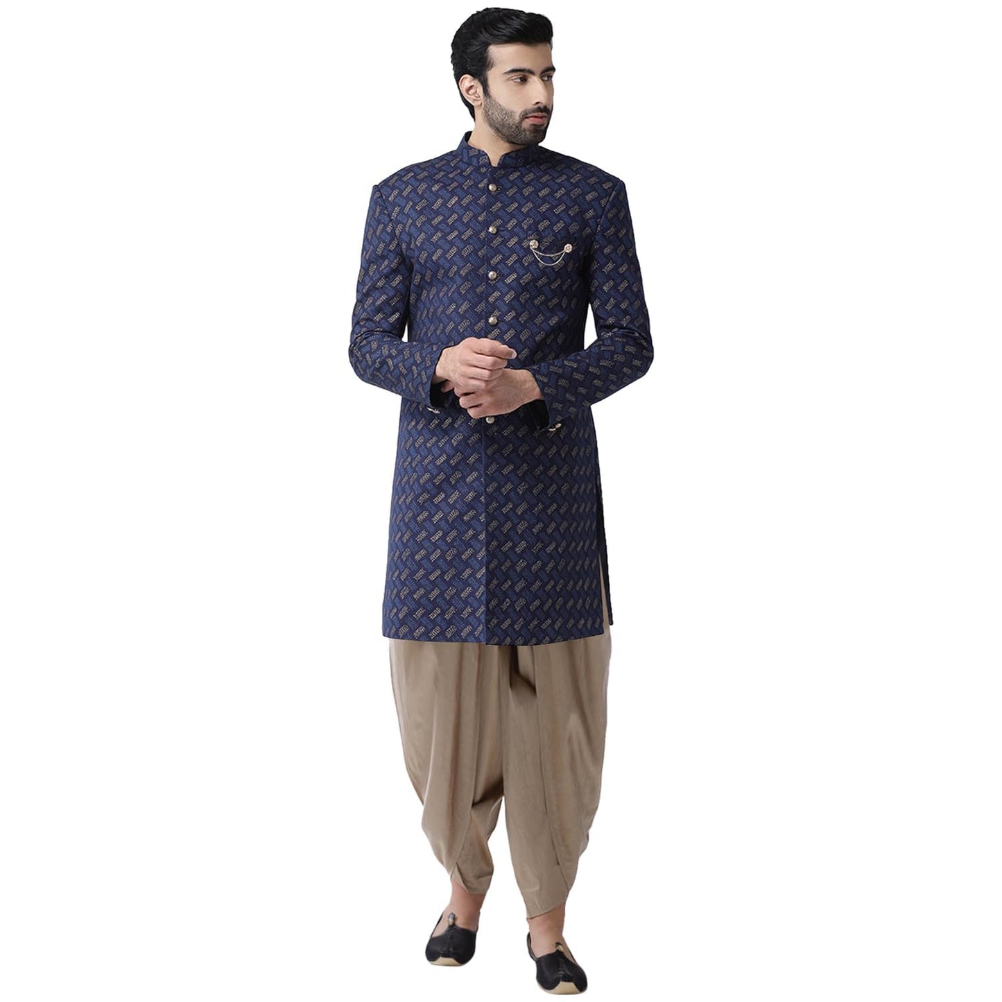 KISAH Men Navy Blue Printed Cotton Sherwani Set, Full Sleaves, Knee Length, Straight, Regular Fit, Mandarin Collar Ethnic wear