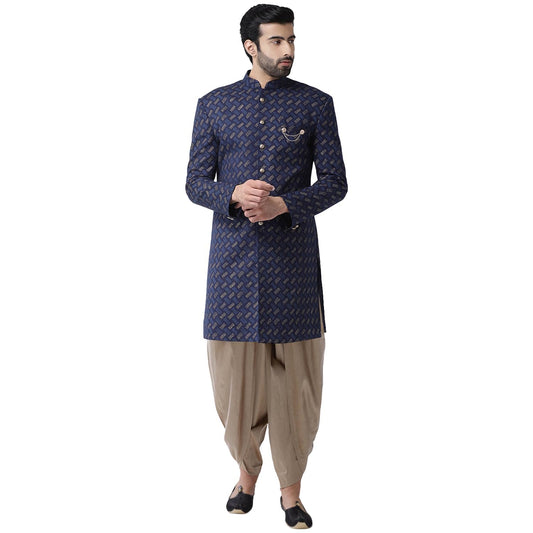 KISAH Men Navy Blue Printed Cotton Sherwani Set, Full Sleaves, Knee Length, Straight, Regular Fit, Mandarin Collar Ethnic wear