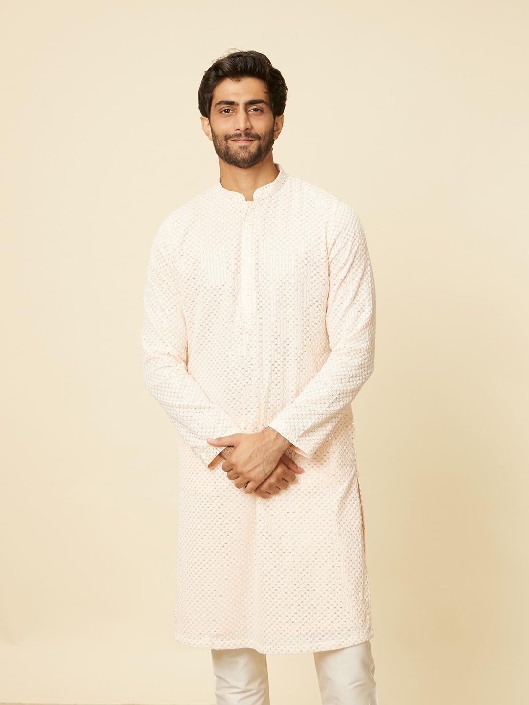 Manyavar Mens Peach Georgette Embroidered Kurta Pyjama Set