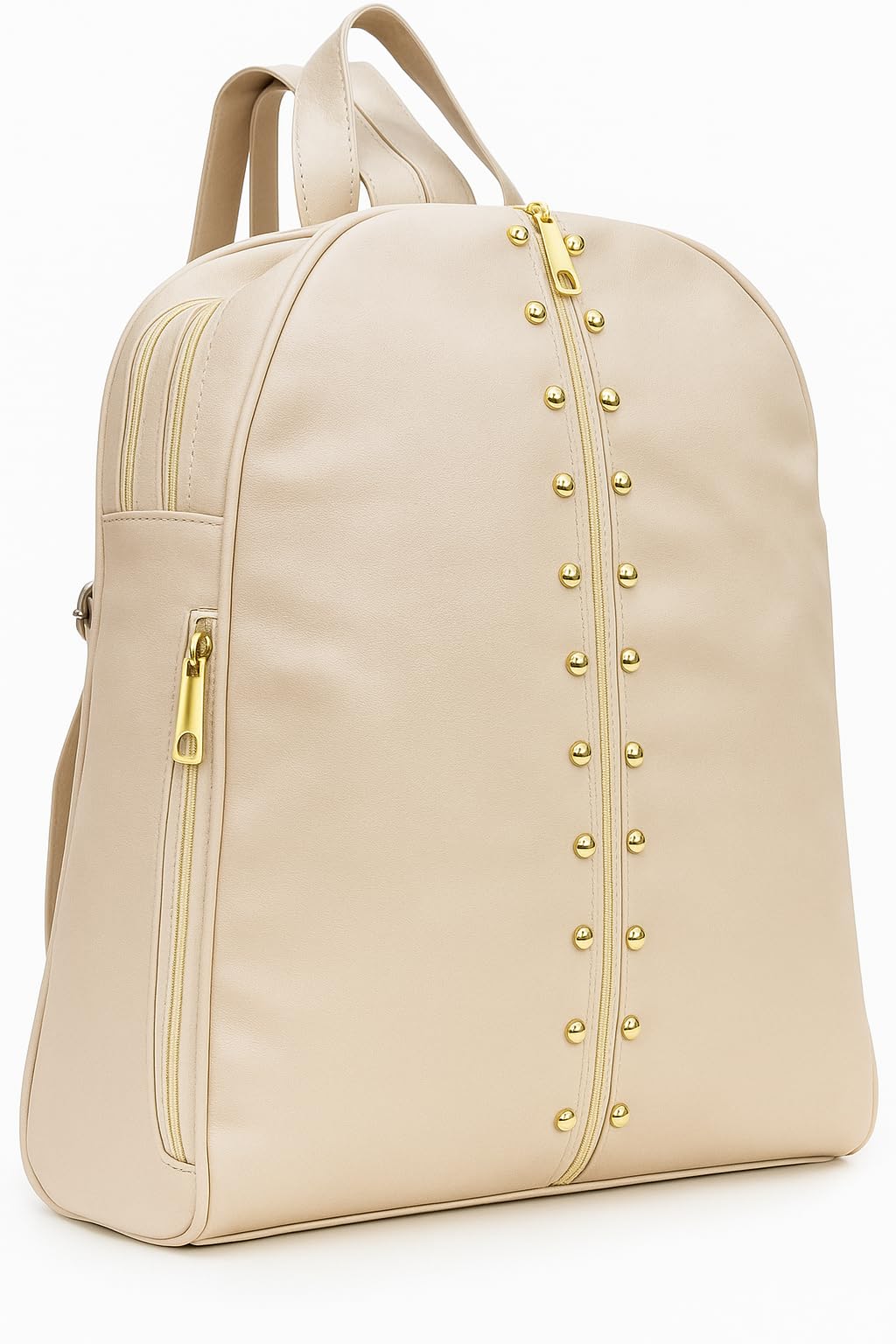RN Store's Beige Fashion Backpack for Women – Faux Leather Bag with Gold Studded Front Zipper – Trendy Lightweight Backpack for Travel, Office & Casual Use