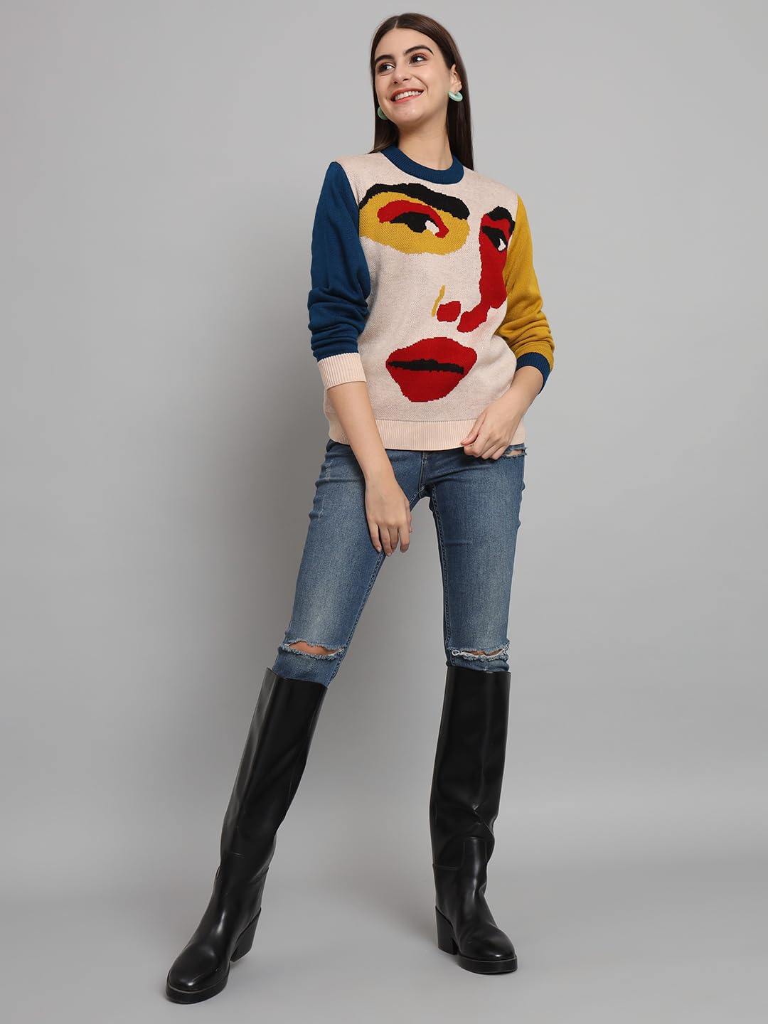 THE DRY STATE Womens Facial Expression Graphic Multicolour Pullover Sweater