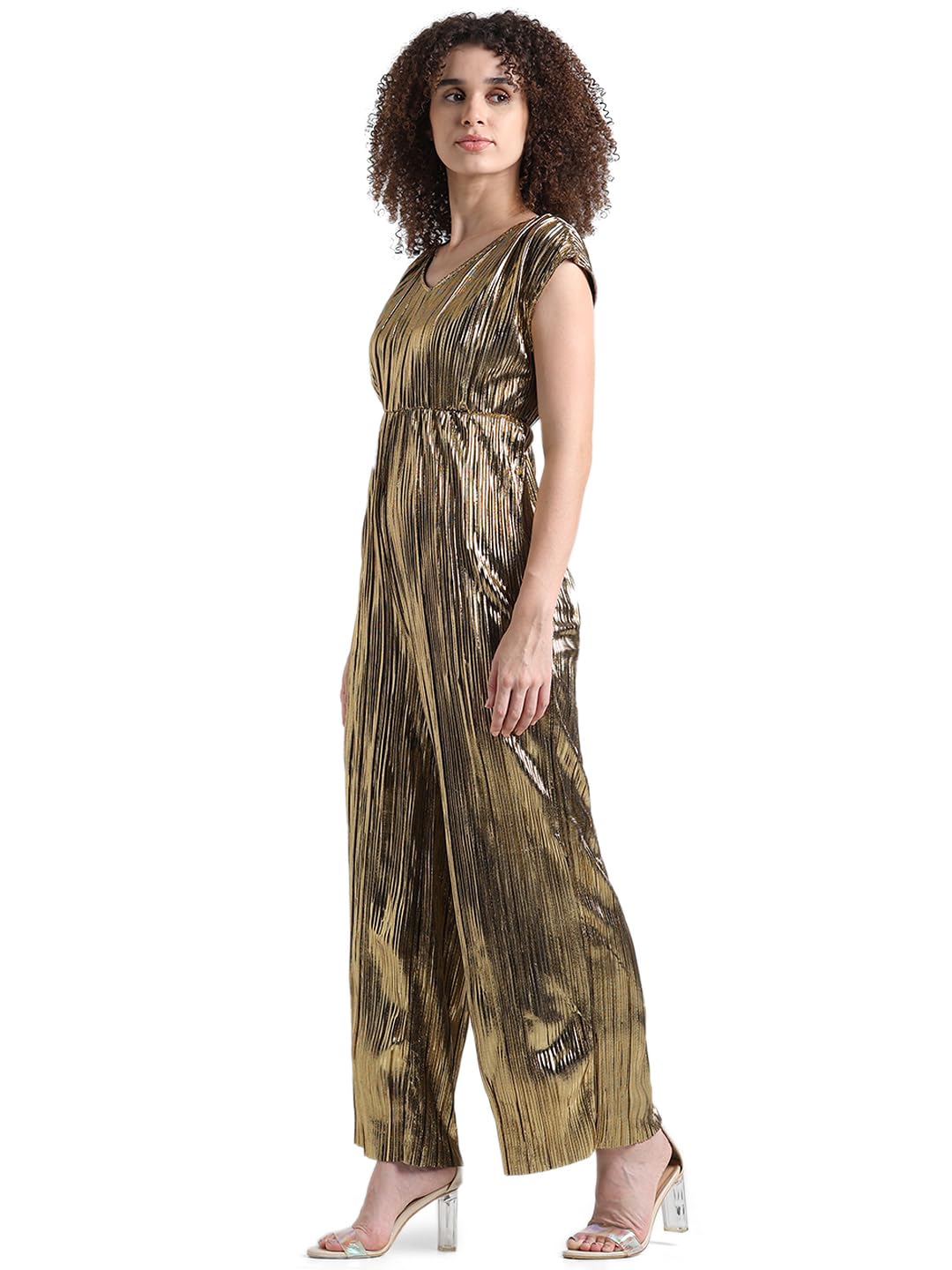 ONLY Women Solid Polyester Relaxed Fit Golden Jumpsuit