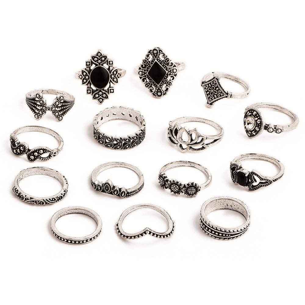 YouBella Oxidised Combo of 15 Boho Silver Plated Rings for Girls and Women (YBRG_20111A) (Silver)