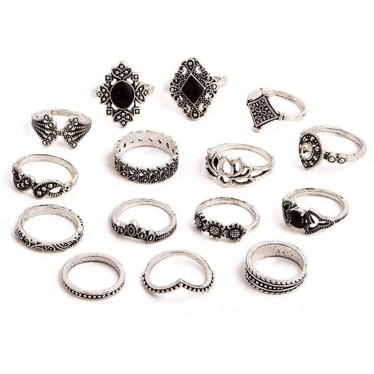 YouBella Oxidised Combo of 15 Boho Silver Plated Rings for Girls and Women (YBRG_20111A) (Silver)