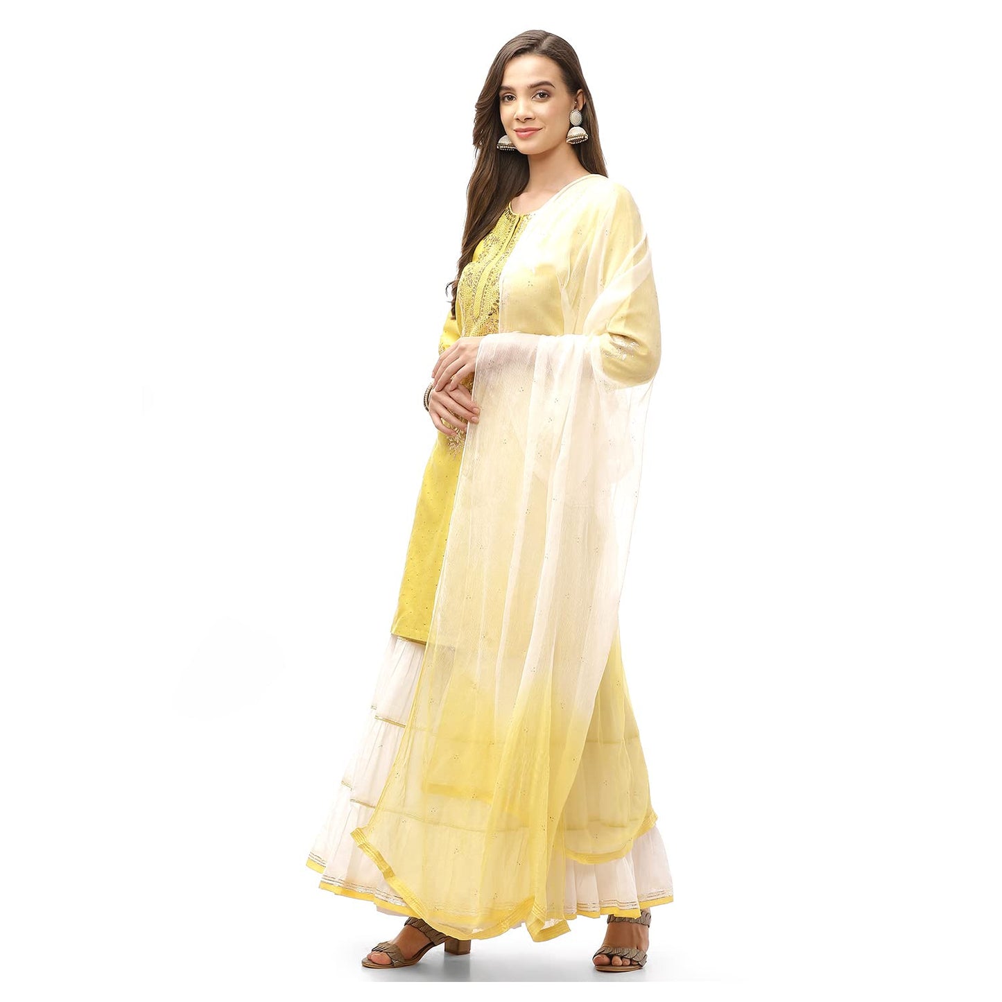 Biba WOMEN SOLID RELAXED SALWAR KURTA DUPATTA(SKDCHIKANKA7799_YELLOW/WHITE_36)